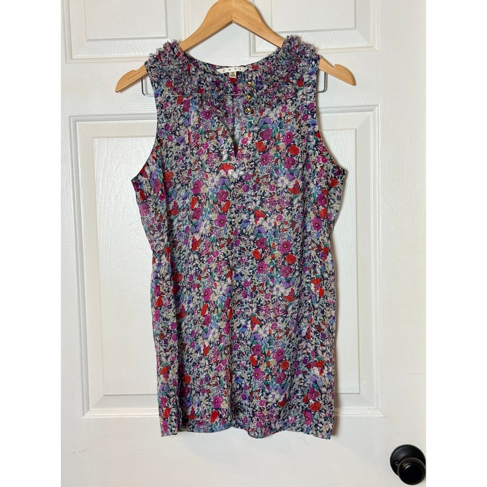 Cabi Womens Floral Sleeveless Blouse Multicolor Ruffle Neck Gold Buttons Size M